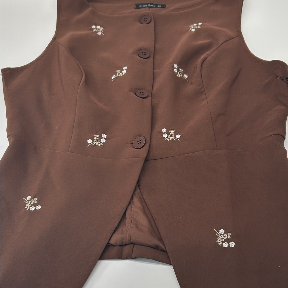Sleeveless Brown Embroidered Button-Front Blouse Vest